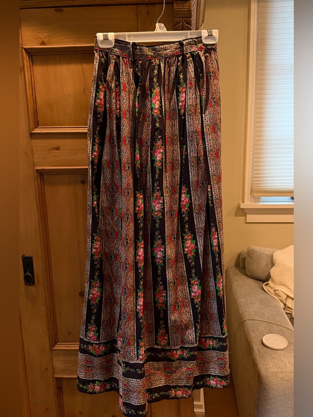 Maxi Floral Paisley Pleated Skirt - Black with Pink Accents